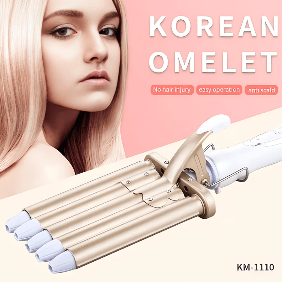 Rizador Kemei Km-1010 Al Por Mayor Para El Cabello Ondulado De Tres Barriles, Rulo De Sillín Rizador Para El Cabello - Champán - Añade 1