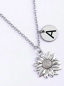 1 Pc Chic Silver Plated 26 Initials Letter Tags Sun Flower Pendant Necklace For Women - Silver - View 2