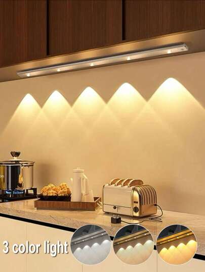 Ultra Thin Under Cabinet Lights,Brightness Adjustment, 3 Color Lights Modes,USB Rechargeable, PIR Motion Sensor Cabinet Lighting Wireless LED Night Lights Cabinet Kitchen Lamp Closet Aisle Staircase Detector Lights(White)