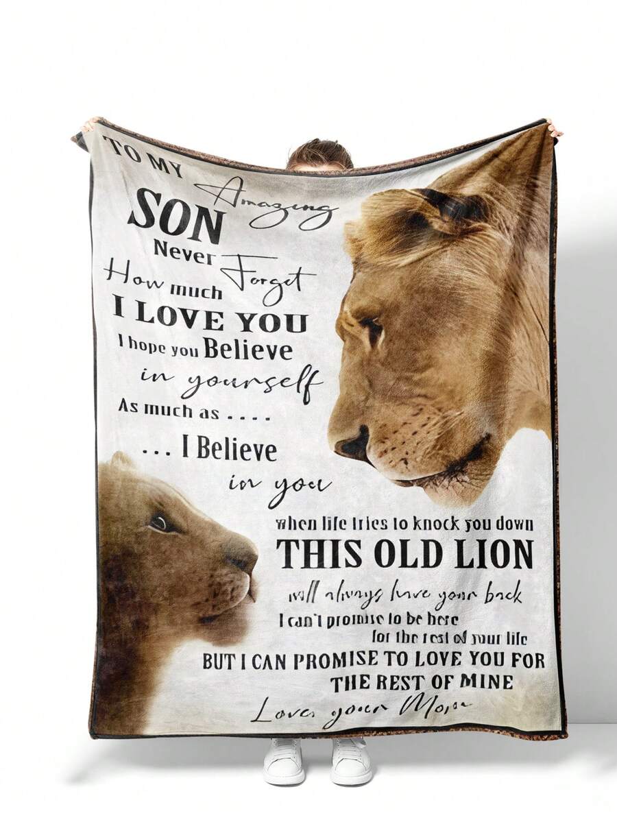 1pc Creative Text Printed Gift Blanket In Flannel Fabric, Other Available Styles, Soft And Warm Cover For Nap, Pet, Travel Or As A Gift From Mom To Son, Suitable For Living Room Sofa, All Seasons - Multicolor - View 1