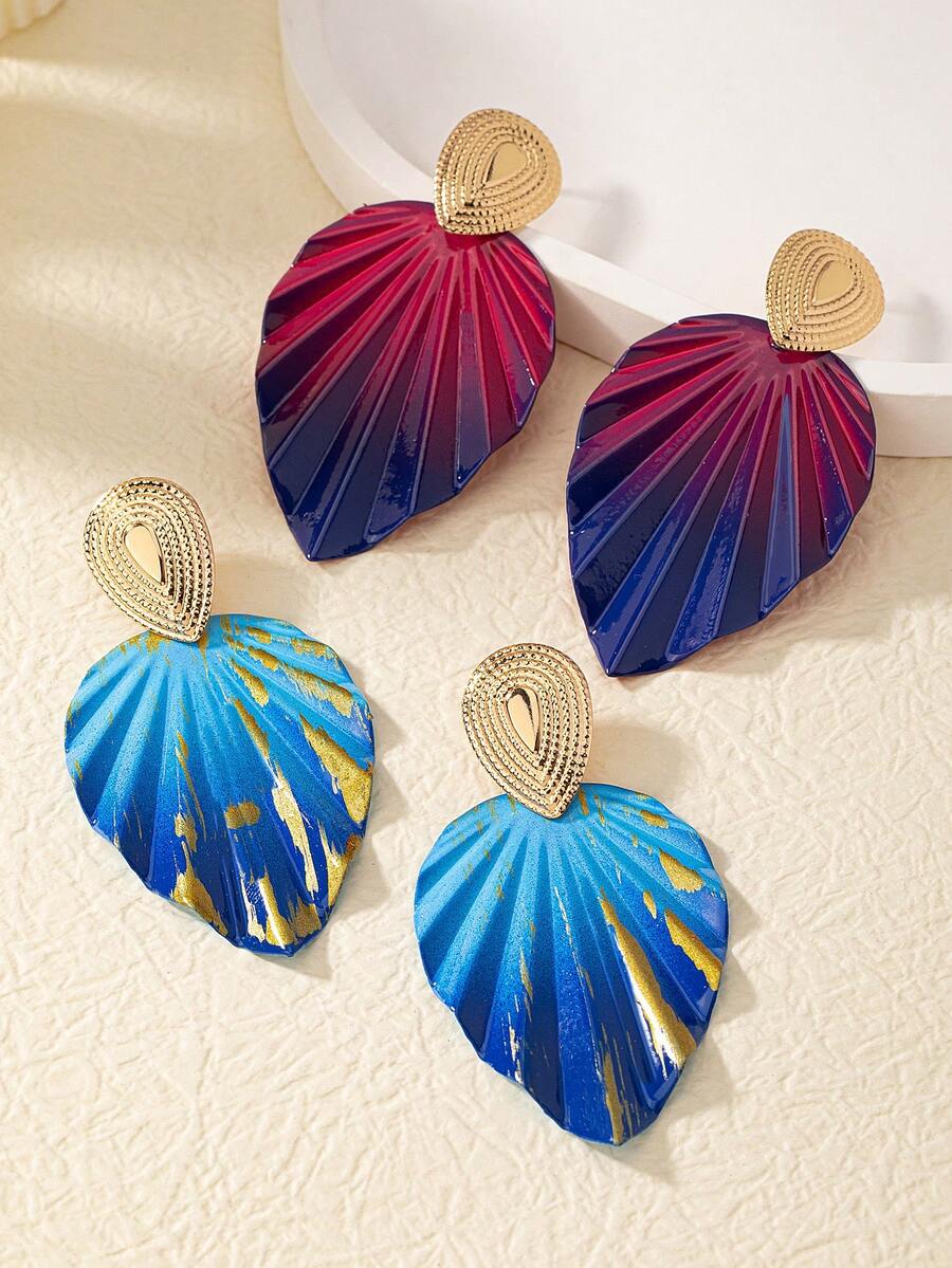 1pair Fashionable Gradient Color Leaf Shape Pleated Earrings, Suitable For Women's Daily Wear - Blue - View 1