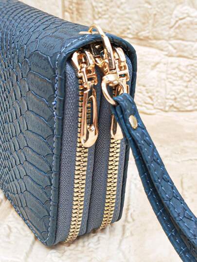 MINGYOU 复古蛇纹多层拉链开合手拿包和手机包女士鳄鱼皮钱包女式钱包长款钱包腕带钱包