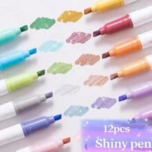 4/12pcs Glitter Shiny Highlighter Marker Pens, Colorful Painted Stationery School Supplies, Random Colors Back To School