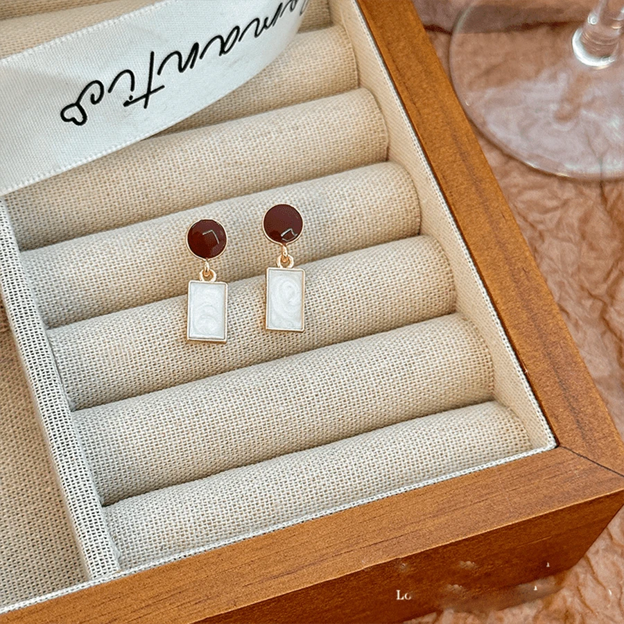 1 對復古港式幾何設計油滴色吊墜耳環,短款 - 鑽石 - 查看 1