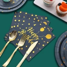 84pcs Golden Birthday Party Supplies Set, Birthday-Stamped Disposable Dinner Plates, 7/9 Inch Deep Blue With Gold Birthday Party Plates, Golden-Stamped Disposable Paper Plates, Cups And Napkins, Suitable For Birthday Party Decorations