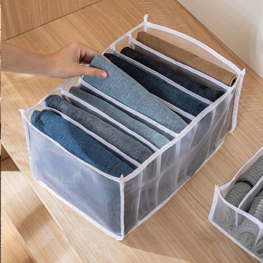 1pc Foldable Clothes Storage Bag, Mesh Grids Organizer For Wardrobe, Multifunctional Underwear ,Sock,Pants Compartment Storage Box - White - View 1