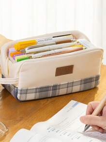 Angoo Lattice Pencil Case Pen Bag Hitting Color Large Main Storage Pouch Organizer For Stationery School - Pink - View 7