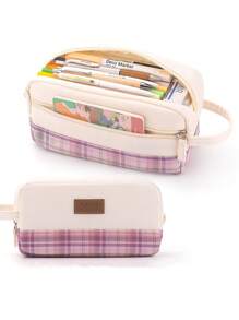 Angoo Lattice Pencil Case Pen Bag Hitting Color Large Main Storage Pouch Organizer For Stationery School - Pink - View 1