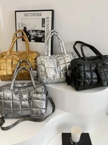 两件套复古菱形绗缝手提包，手提大容量旅行行李袋，PU 皮革斜挎包，适合外出 - 黑色 - 查看 10