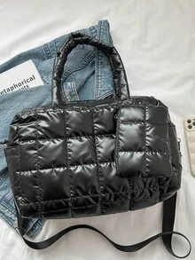 两件套复古菱形绗缝手提包，手提大容量旅行行李袋，PU 皮革斜挎包，适合外出 - 黑色 - 查看 8