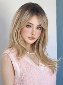 24 Inch Gold Dyed Dark 's Natural Wig Medium Length Straight Synthetic Wig For Daily Party And School Wear Use - Multicolor - View 4