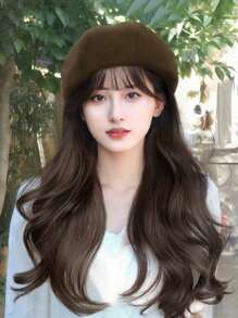 【月光童話】空氣瀏海造型大波浪假髮女貝雷帽假髮一體 - 駝色 - 查看 4