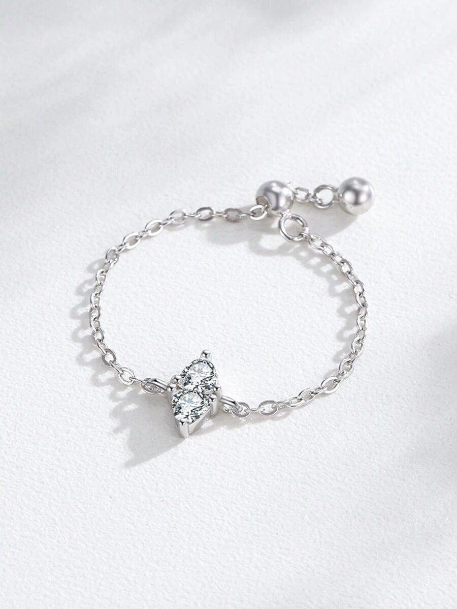 1pc 925 Sterling Silver Fashion Geometric Design Cubic Zirconia Link Chain Adjustable Rings For Women Wedding Engagement Jewelry - Silver - View 1