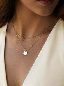 2入組/件簡約時尚304不銹鋼14k金雙層心形&圓形紋理吊墜項鍊,適合女性日常穿著和聚會,珠寶禮物 - 心/2pcs - 查看 3