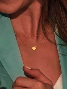 2入組/件簡約時尚304不銹鋼14k金雙層心形&圓形紋理吊墜項鍊,適合女性日常穿著和聚會,珠寶禮物 - 心/2pcs - 查看 2