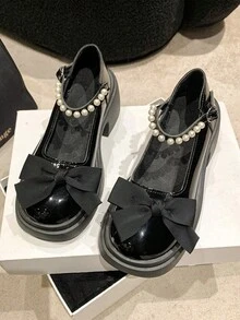 女款可愛瑪莉珍鞋,珍珠蝴蝶結設計,踝帶粗跟舒適樂福鞋 - 黑色 - 查看 2