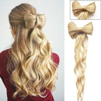 Vågigt hår med halv rosett, hårförlängning med clips och hästsvans, värmebeständigt, syntetiskt hår, naturligt vågigt hår med rosett och hästsvans (askblond och blekt blond)