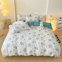 4pcs/Set Light Blue Floral Bedding Set (1pc Duvet Cover + 1pc Bed Sheet + 2pcs Pillow Shams), Excludes Filler