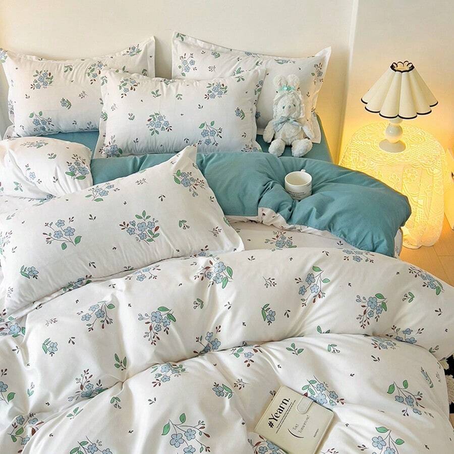 4pcs/Set Light Blue Floral Bedding Set (1pc Duvet Cover + 1pc Bed Sheet + 2pcs Pillow Shams), Excludes Filler