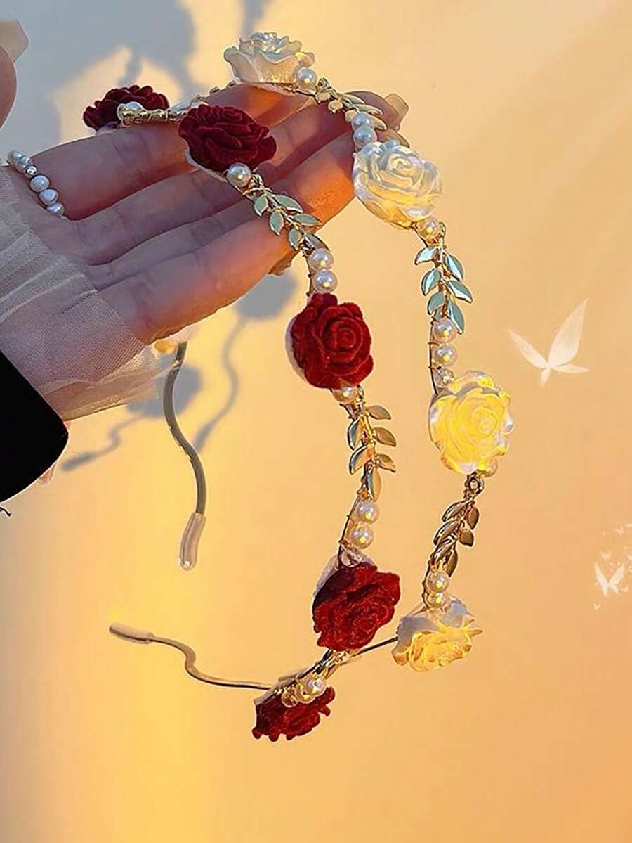 Boho風格2入組合金薄髮箍，裝飾玫瑰、珍珠和葉子形狀的飾品，甜美髮飾頭飾