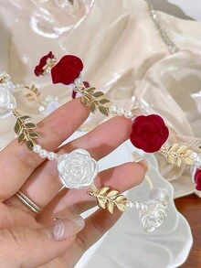 Boho風格2入組合金薄髮箍，裝飾玫瑰、珍珠和葉子形狀的飾品，甜美髮飾頭飾