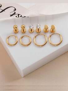 5對時尚立體氧化鋯球小耳釘,女士不銹鋼18k金鍍小環釘耳環套裝,適用於軟骨、耳垂、耳疝穿刺派對禮物珠寶 - 金黃色 - 查看 1