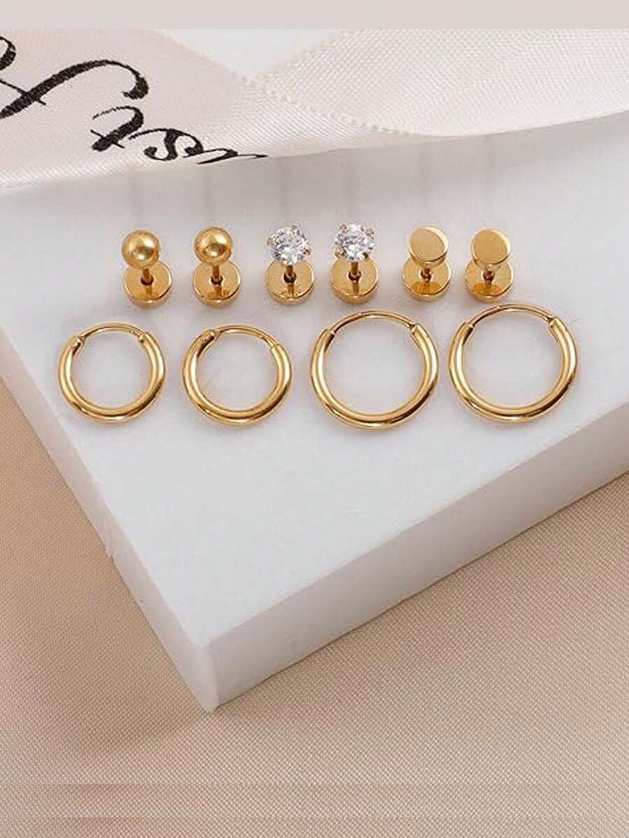 5對時尚立體氧化鋯球小耳釘,女士不銹鋼18k金鍍小環釘耳環套裝,適用於軟骨、耳垂、耳疝穿刺派對禮物珠寶 - 金黃色 - 查看 1