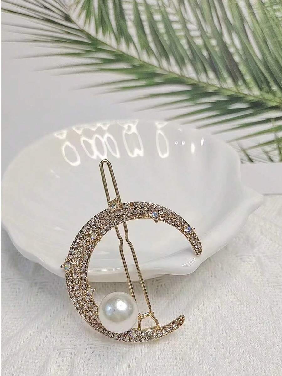 1 件多色月亮和卡通青蛙設計髮夾,韓式風格,水鑽和珍珠裝飾,精緻女式頭飾 - 白色 - 查看 1