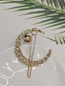 1 件多色月亮和卡通青蛙設計髮夾,韓式風格,水鑽和珍珠裝飾,精緻女式頭飾 - 白色 - 查看 2