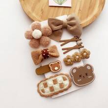 Kids' Korean-Style Milk Tea Colored Plush Flower Hair Clips For Girls & Babies, Coffee Colored Bowknot Cute Hair Accessories With Girlish Heart - Multicolor - View 1