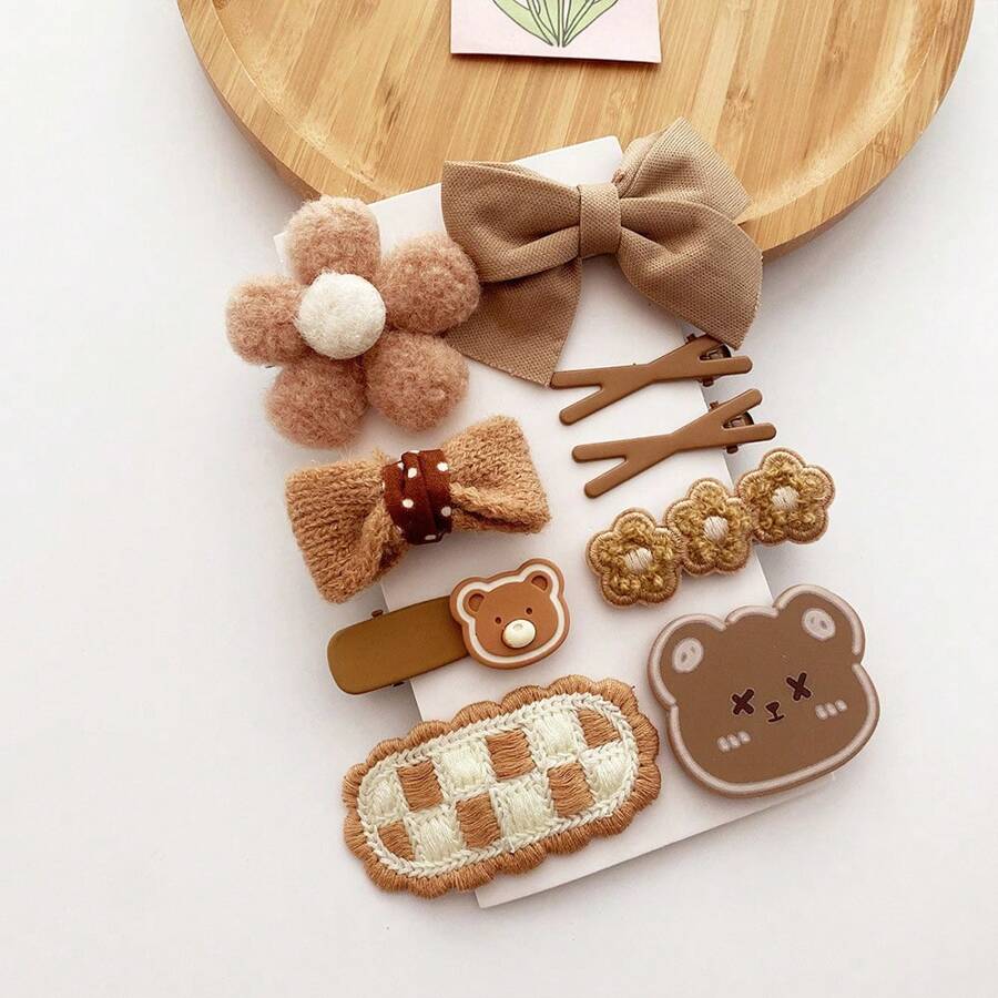 Kids' Korean-Style Milk Tea Colored Plush Flower Hair Clips For Girls & Babies, Coffee Colored Bowknot Cute Hair Accessories With Girlish Heart - Multicolor - View 1