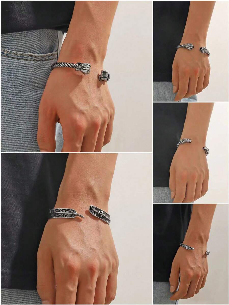 單開線蛇頭葉個人化龐克男士手鍊 - 男士手鐲 - 查看 1