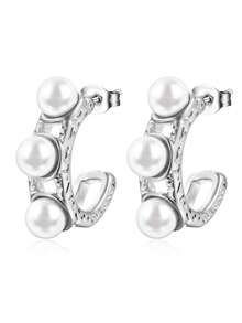 1 對時尚不鏽鋼珍珠鑲嵌耳環,奢華高端女裝時尚 18k 金色耳飾,銀色 - 銀色 - 查看 6