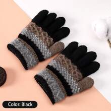 1 件兒童秋冬學生幼兒可愛條紋手指保暖針織兒童手套 - 黑色 - 查看 1