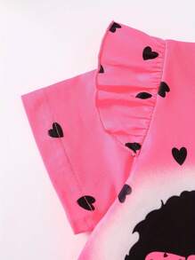 Young Girl Heart & Figure Graphic Ruffle Trim Tee & Flare Leg Pants