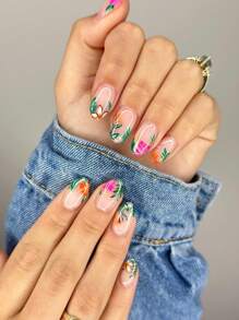 24入組帶有花朵和綠葉設計的短橢圓形美甲貼紙,有光澤的表面,附帶1片果凍膠和1個指甲文件,適用於女性美甲裝飾藝術 - 彩色 - 查看 1