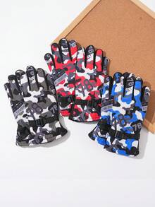 藍色秋/冬兒童防風時尚手套,男女適用,迷彩滑雪厚保暖毛絨手套 - 寶藍色 - 查看 5