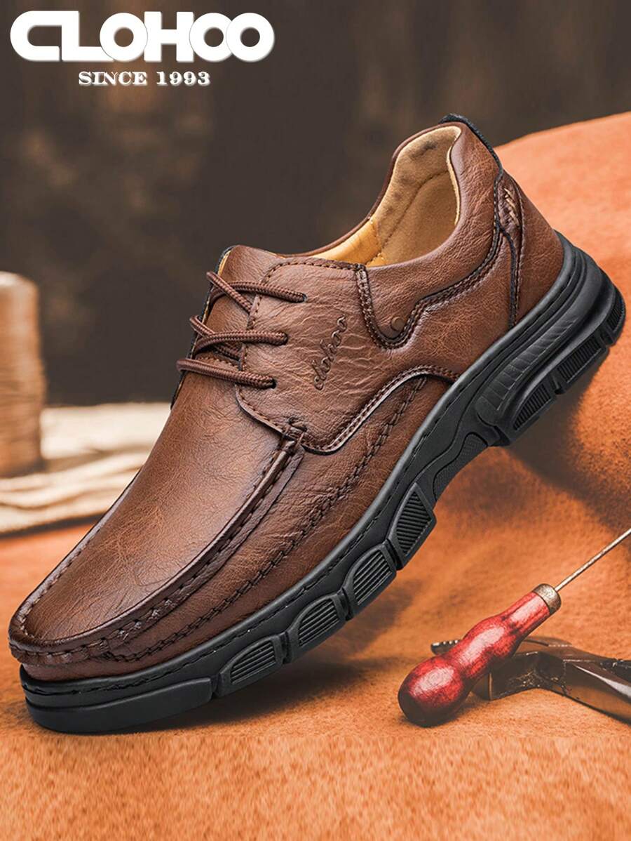 Clohoo品牌特別版手工鞋膠底厚底透氣休閒皮鞋男士樂福鞋經典手工縫製男鞋 - 咖啡棕 - 查看 1