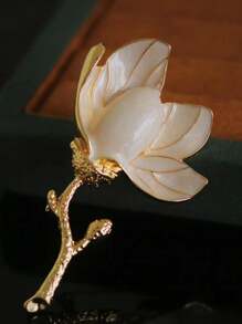 1個復古白色琺瑯繪製的白色玉蘭花胸針,具有高端感和獨特風格 - 金黃色 - 查看 3