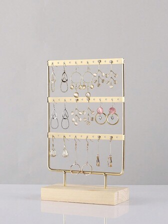 1pc Gold-Plated Iron Frame Earring & Stud Display Stand – Stable Wooden Base, 3-Tier Multi-Hole Design, Vanity Accessory, Large-Capacity Jewelry Storage & Display Rack