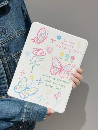 可爱蝴蝶卡通亚克力支架和外壳二合一保护套 360 度旋转外壳兼容 iPad 10.2/Air4/5/Pro11/10th/10.9/9.7