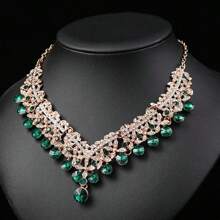 Conjunto De Colar E Brincos Breve Estilo Palácio De Luxo Europeu E Americano Para Noiva, Vestido De Noite E Sessão De Fotos Com Design De Folha Pequena E Grandes Pedras Brilhantes, Joias Versáteis - Verde - Visão 4