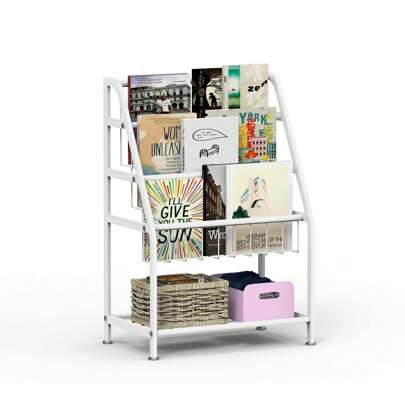 Bookshelf Freestanding For Children Room 18 Inches Small White Metal Bookcase Large Capacity Books Toys Organizer Stable 5 Tiers Kids Book Rack For Playroom Bookstore Library