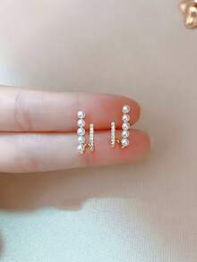 1pair Gold-Tone Double Layered Zirconia & Pearl Decor J-Shaped Earrings - Gold - View 4