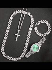 Hip Hop 連鎖套裝,時尚手錶＆項鍊＆手鐲套裝,適用於男女,聖誕禮物 - 綠色 - 查看 1