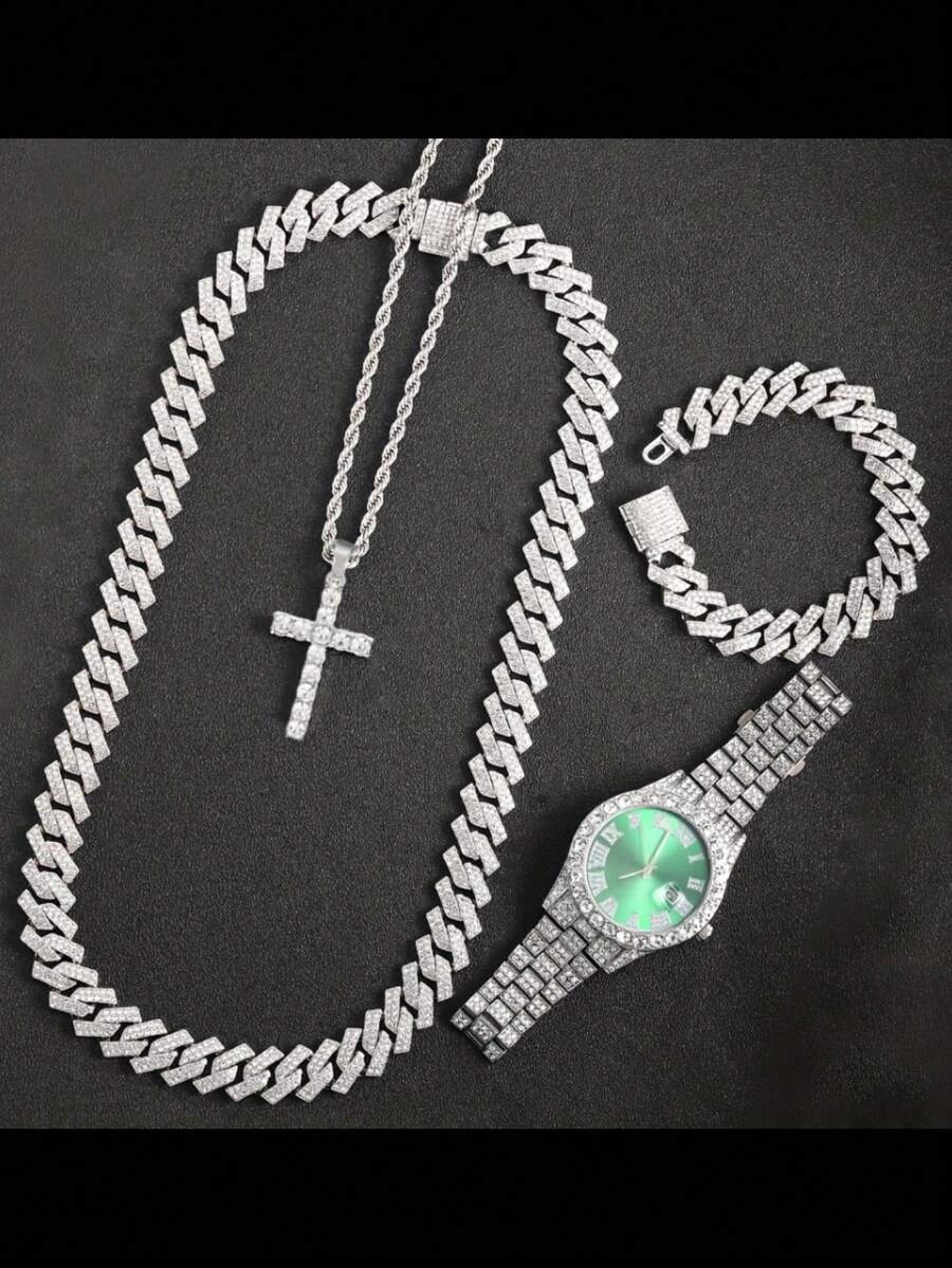 Hip Hop 連鎖套裝,時尚手錶＆項鍊＆手鐲套裝,適用於男女,聖誕禮物 - 綠色 - 查看 1