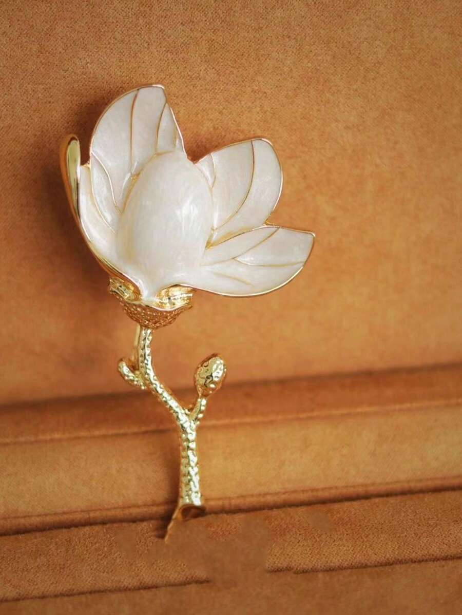 1個復古白色琺瑯繪製的白色玉蘭花胸針,具有高端感和獨特風格 - 金黃色 - 查看 1