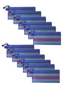 12pcs Blue Colorful Mesh Striped Mesh Pen Bag - Royal Blue - View 1
