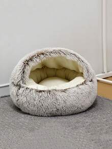 1入組長毛絨半封閉貝殼形寵物床墊,適合2-9公斤的貓和狗冬天睡覺使用 - 棕色 - 查看 9