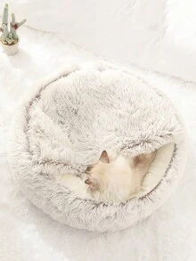 1入組長毛絨半封閉貝殼形寵物床墊,適合2-9公斤的貓和狗冬天睡覺使用 - 棕色 - 查看 4